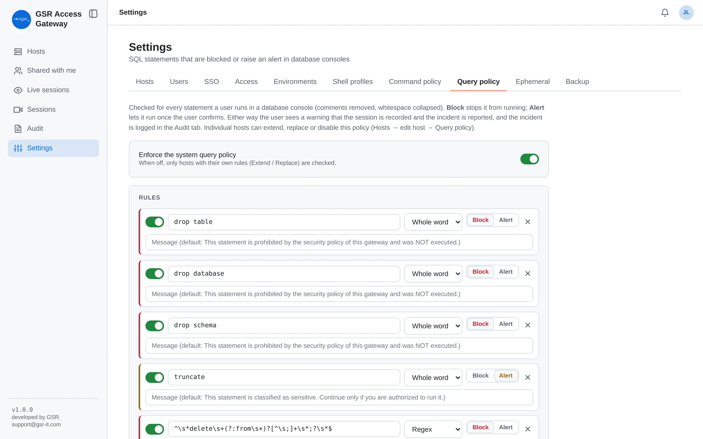 Query policy settings with block and alert rules for risky SQL