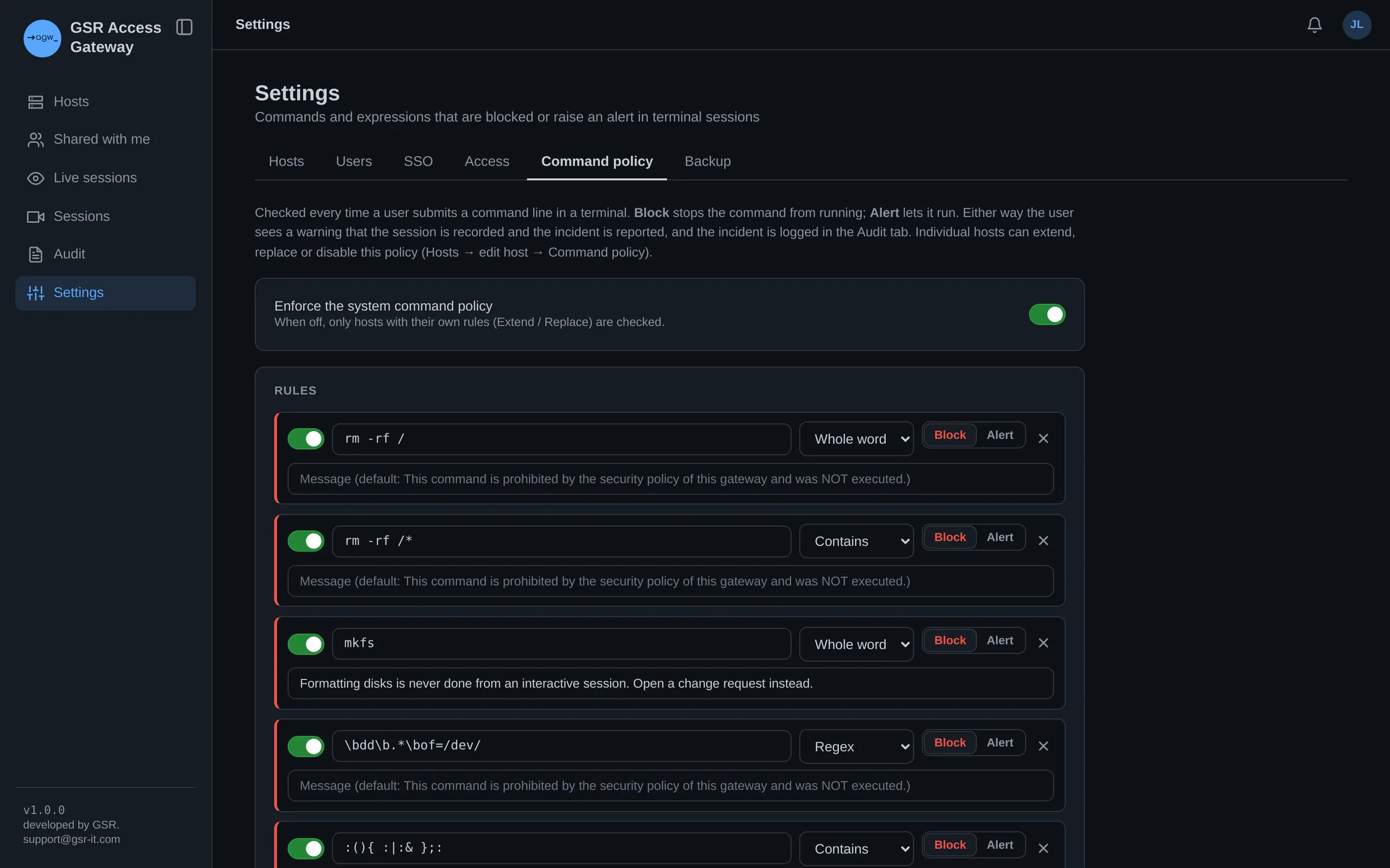 System command policy rules