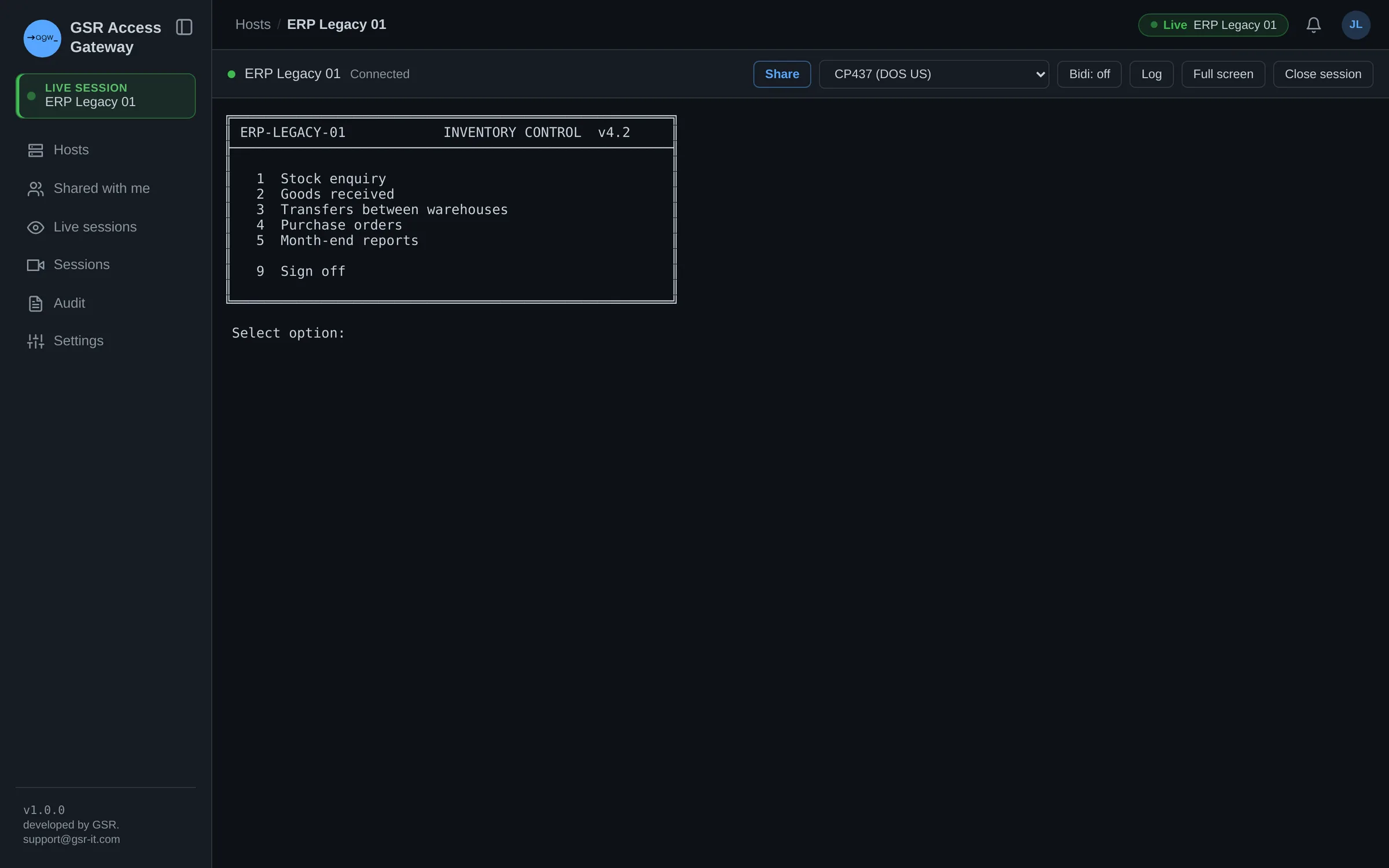 Legacy inventory application over Telnet, shown in the CP437 DOS code page