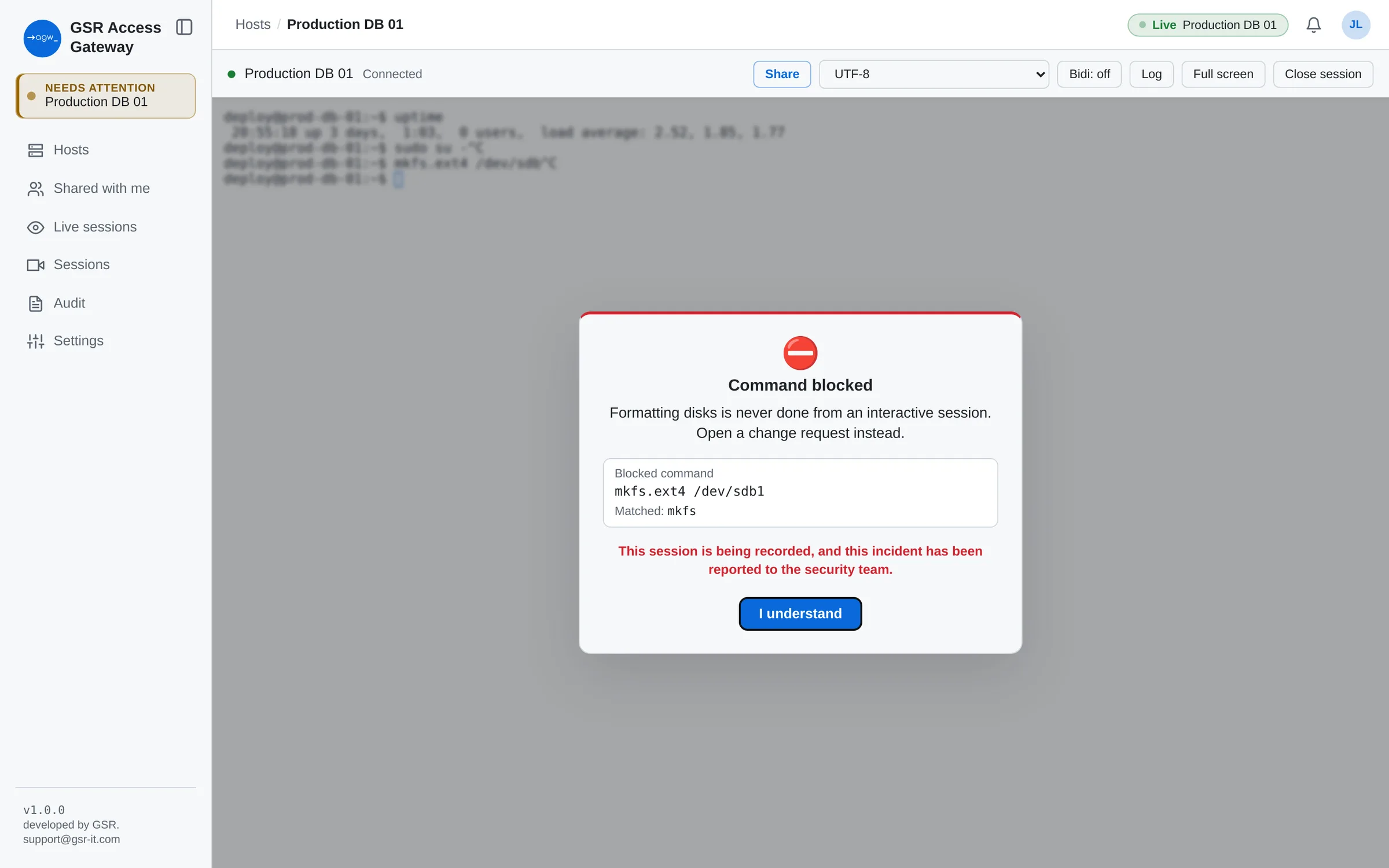 Blocked command shown to the user