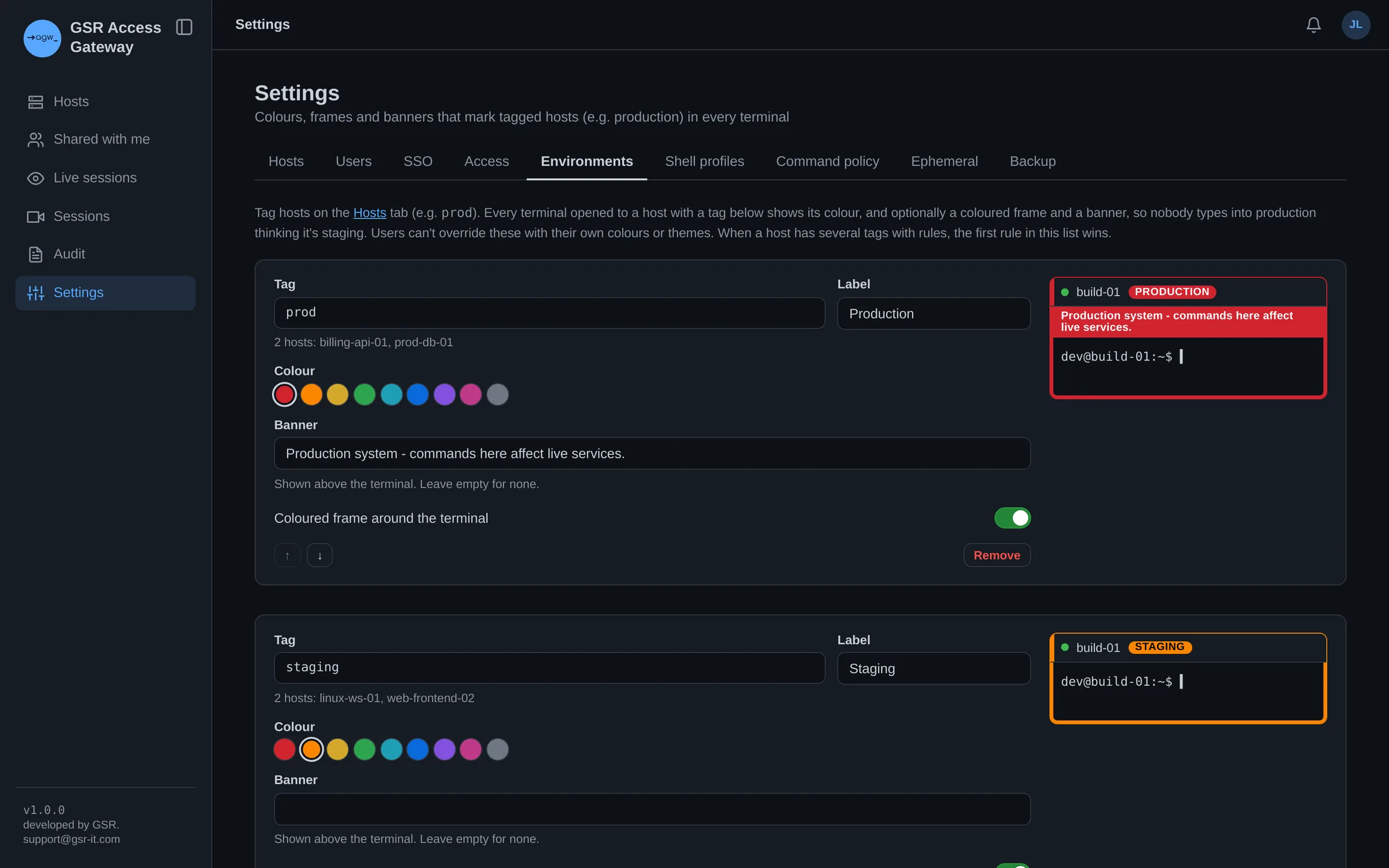 Environment rules for production and staging with a preview of each