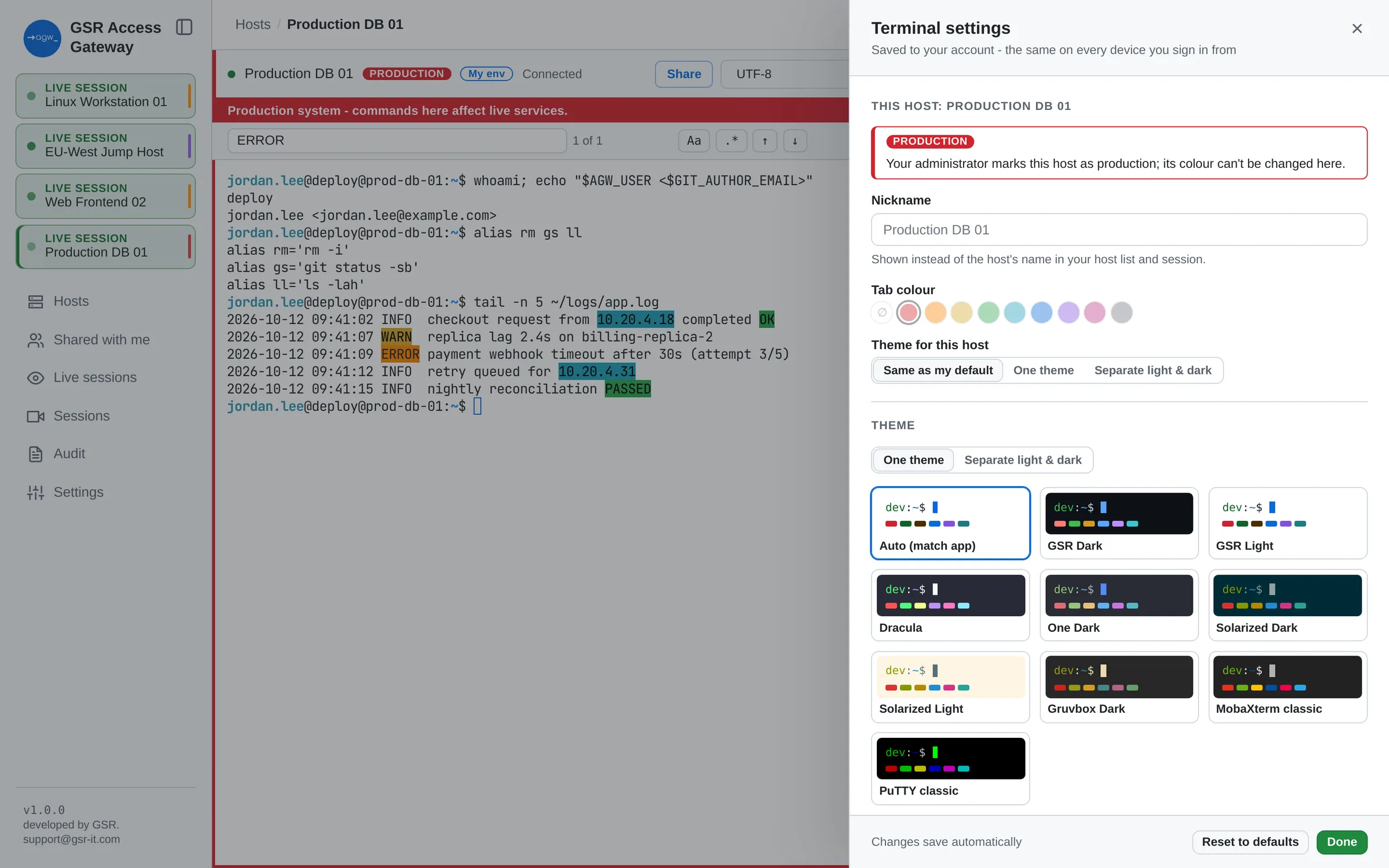 Terminal settings with nickname, tab colour and a gallery of terminal themes