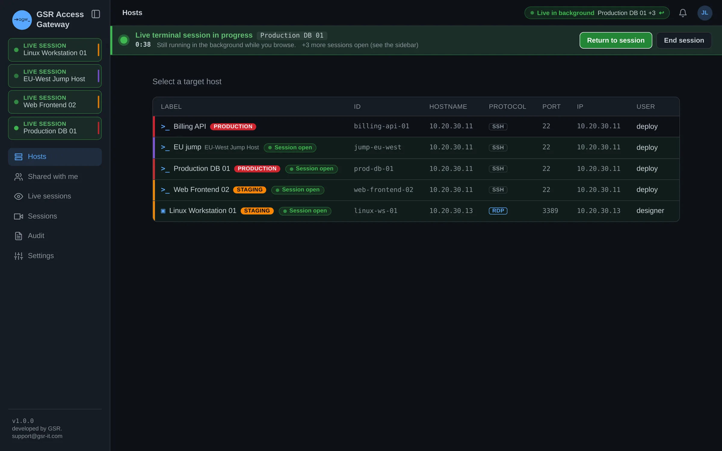 Host list with several sessions open, each marked and coloured by environment