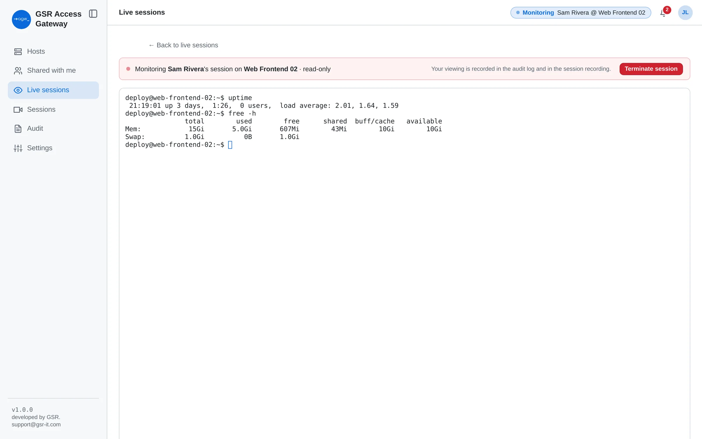 Reviewer monitoring a live session read-only