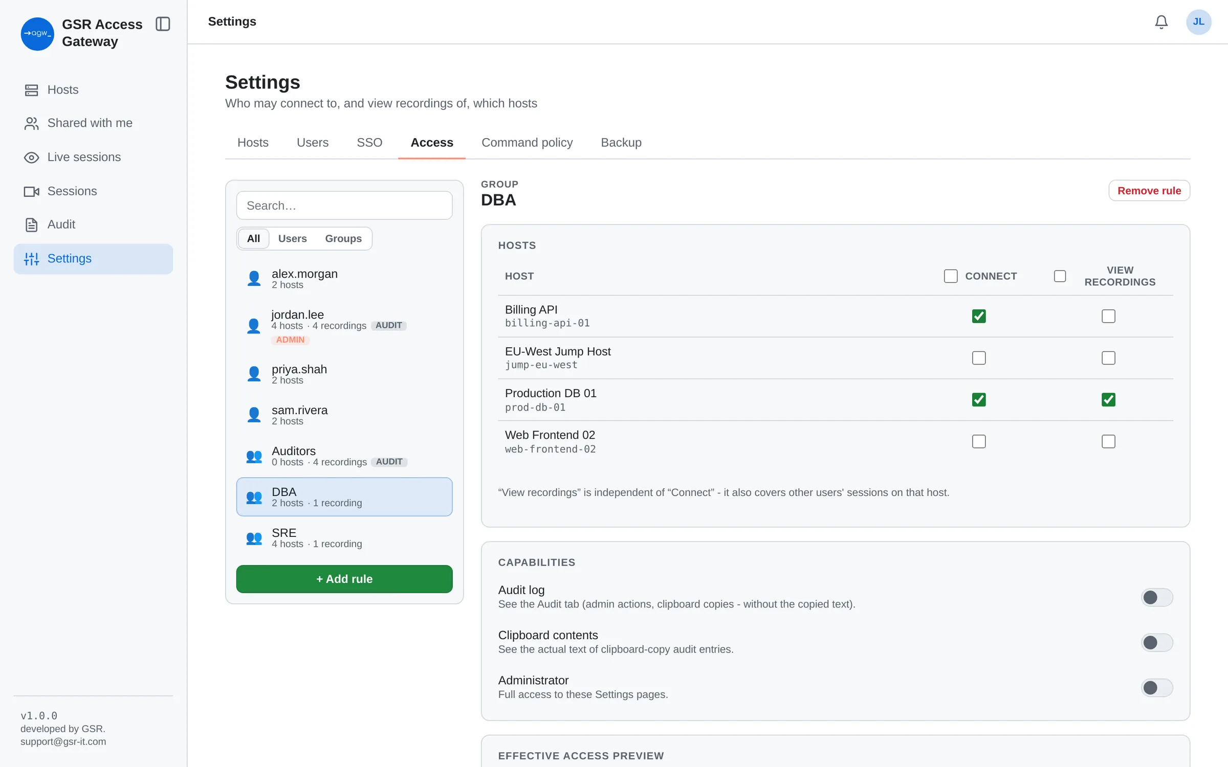 Access rules matrix per group with an effective-access preview