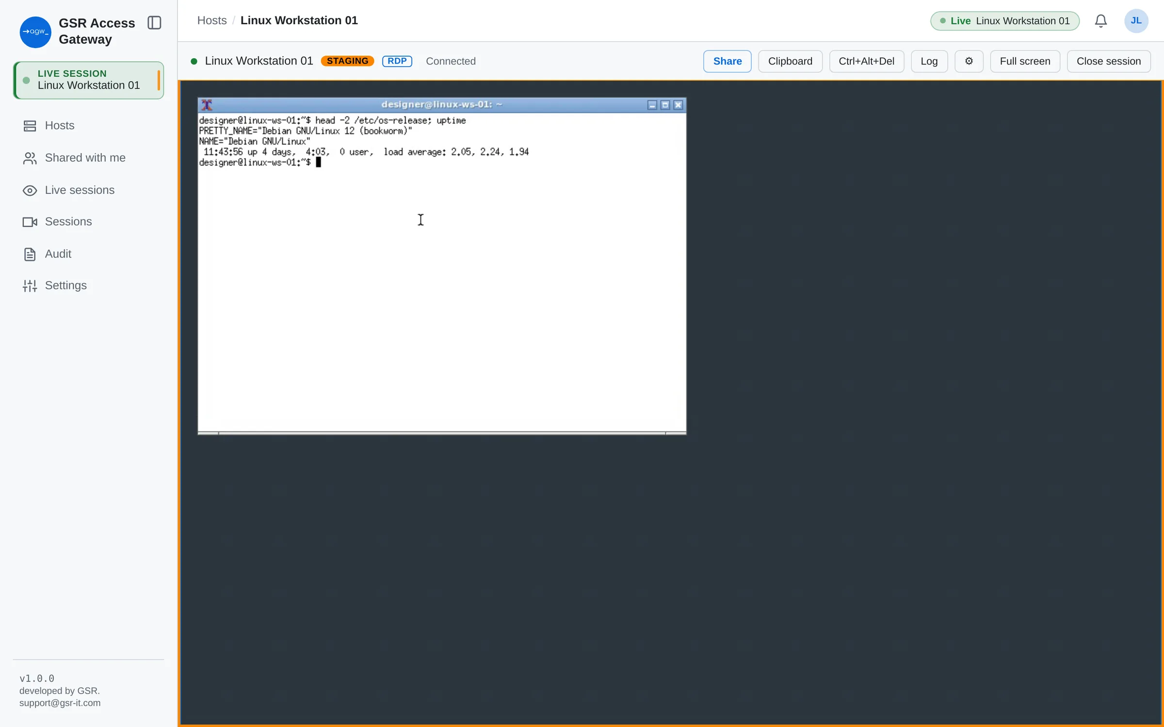Linux desktop in the browser, marked as a staging system