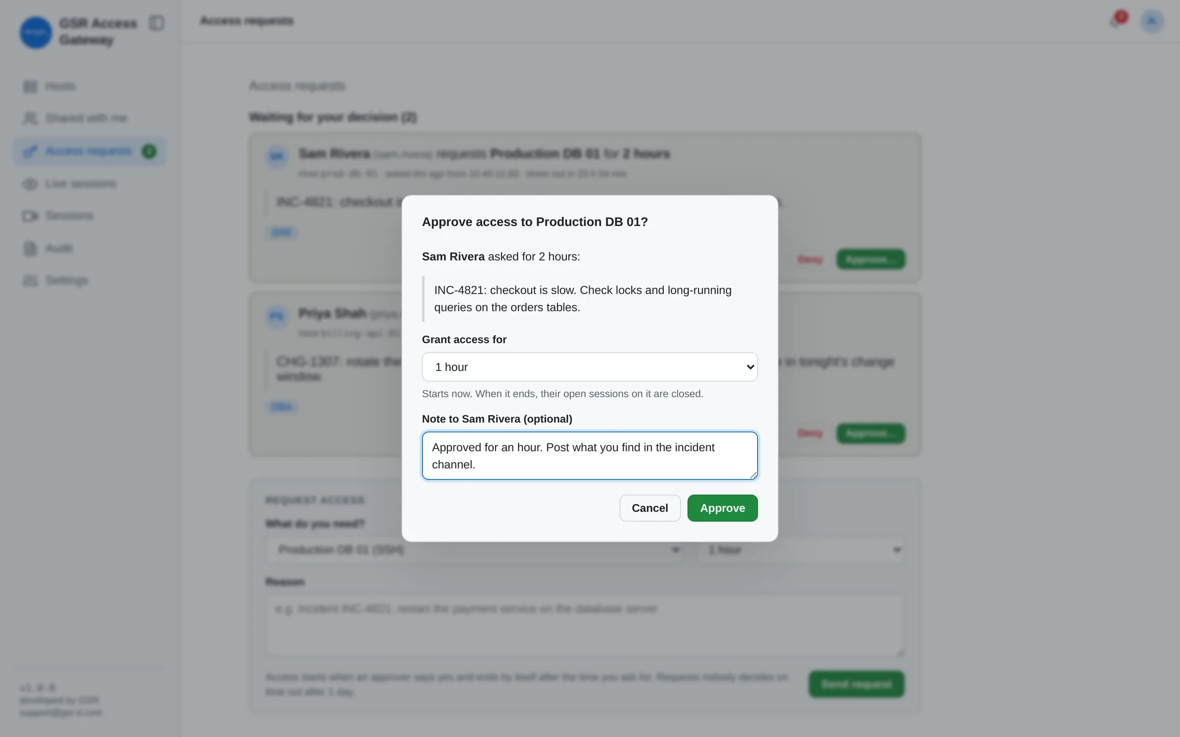 Approver granting one hour instead of the two requested, with a note to the requester