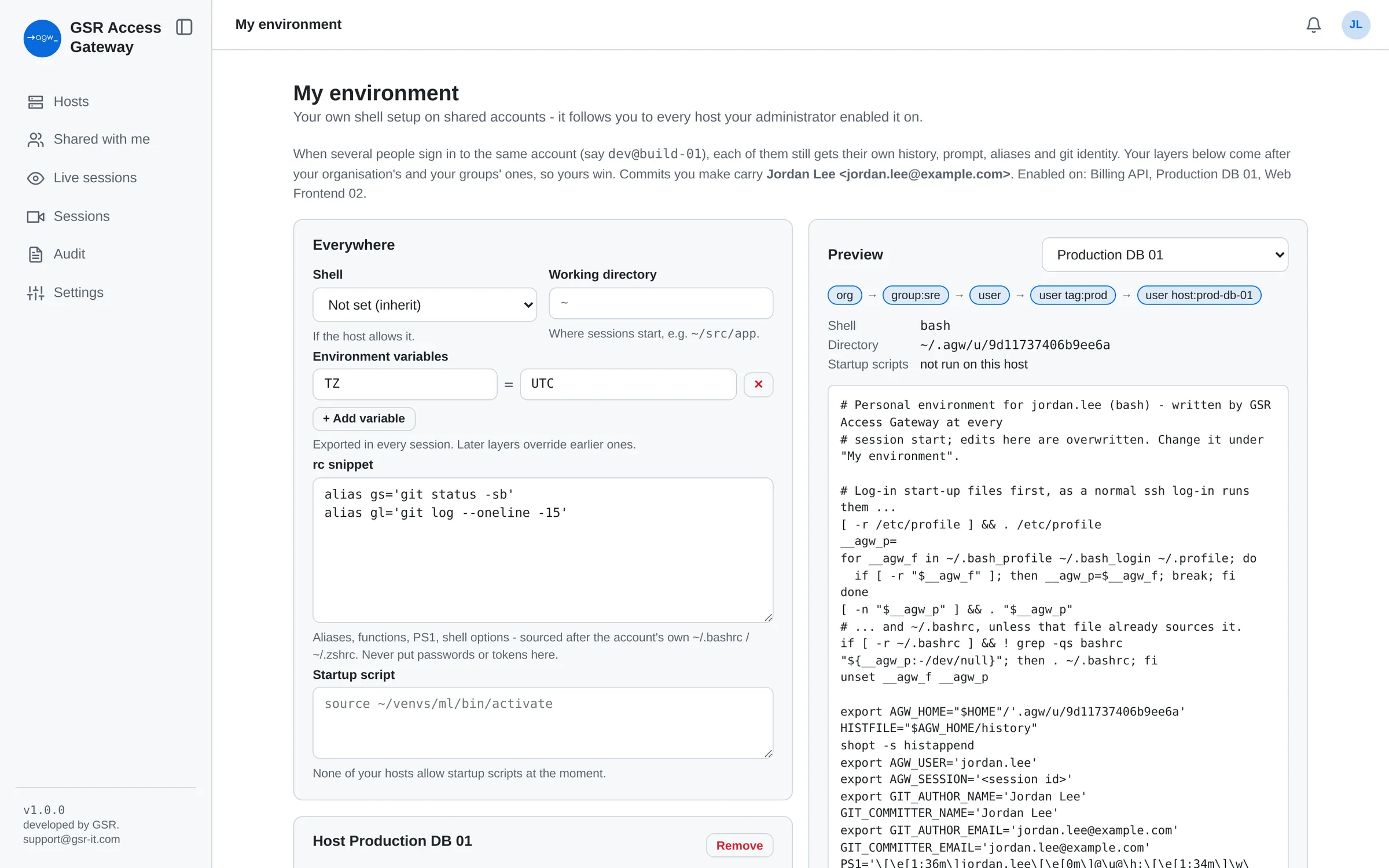 My environment page with personal aliases and a preview of the layered shell setup for one host