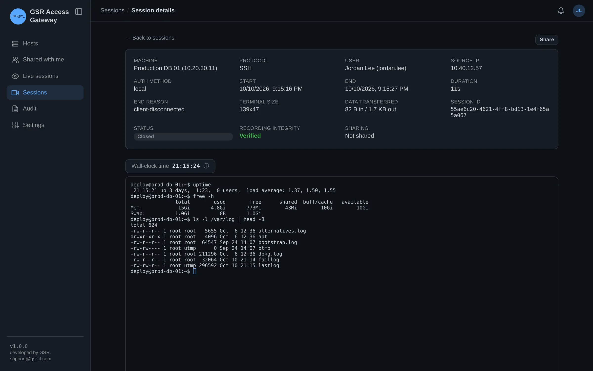 Session replay with details and a verified recording-integrity status