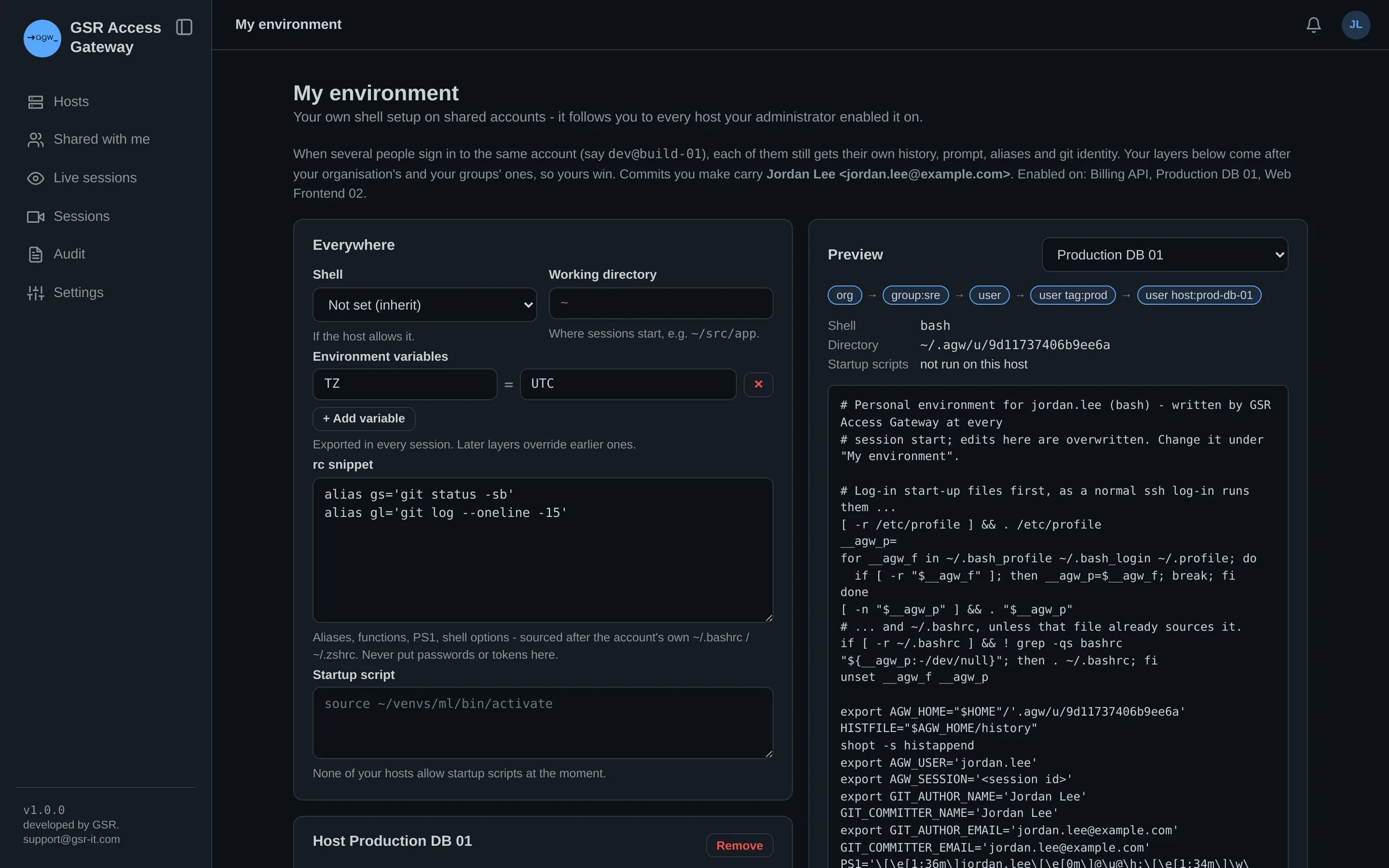 My environment page with personal aliases and a preview of the layered shell setup for one host