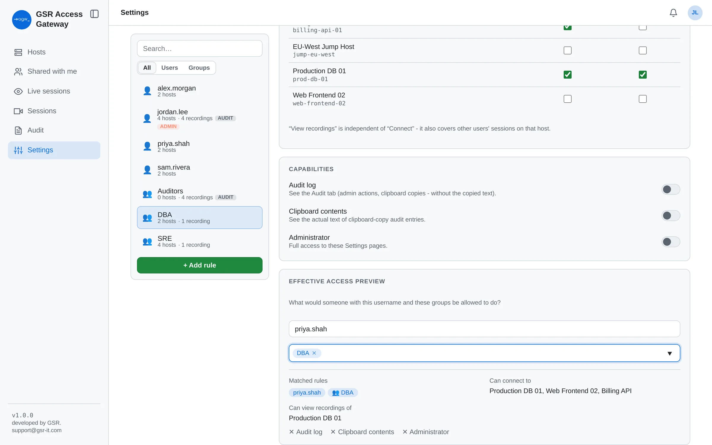 Effective access preview for a user and their groups