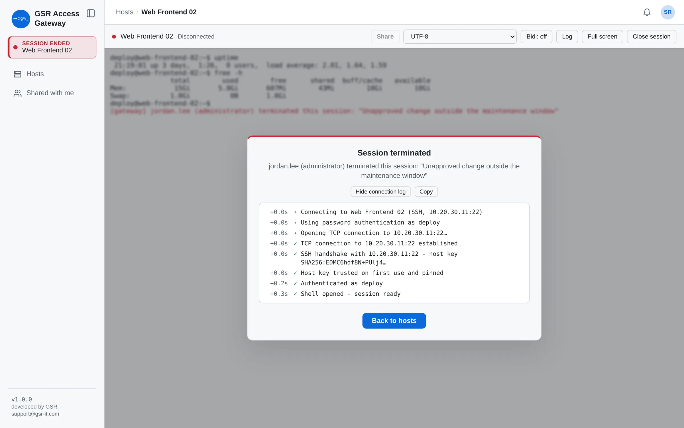 The user sees that an administrator ended the session, and why