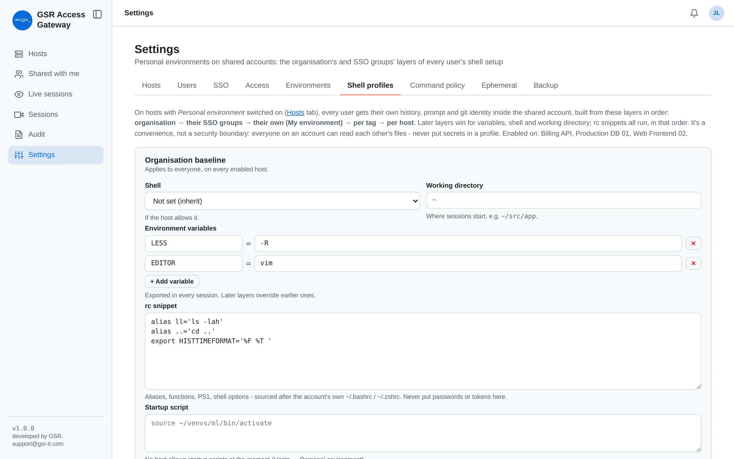 Organisation-wide shell profile with variables and aliases