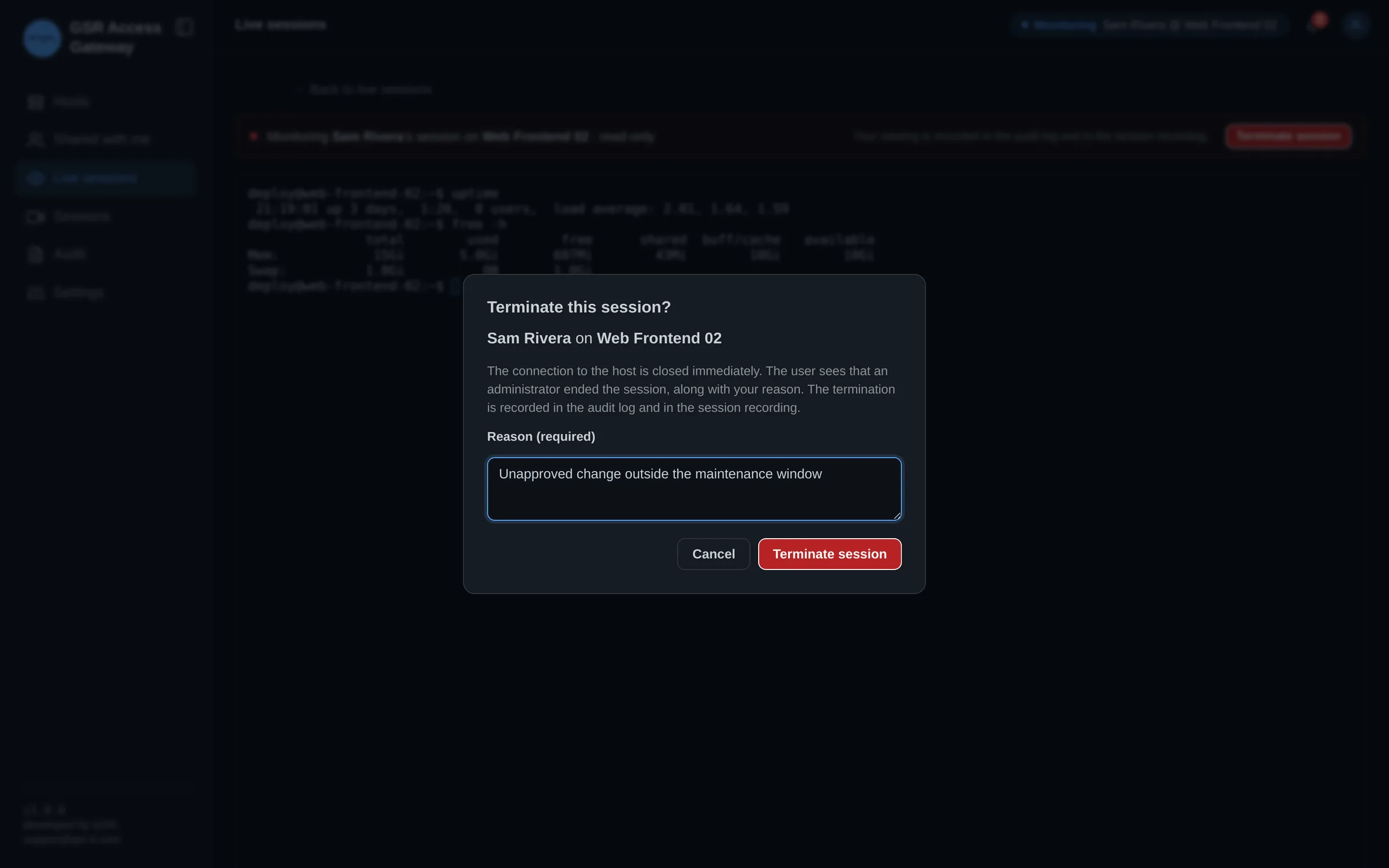 Administrator ending a live session with a required reason