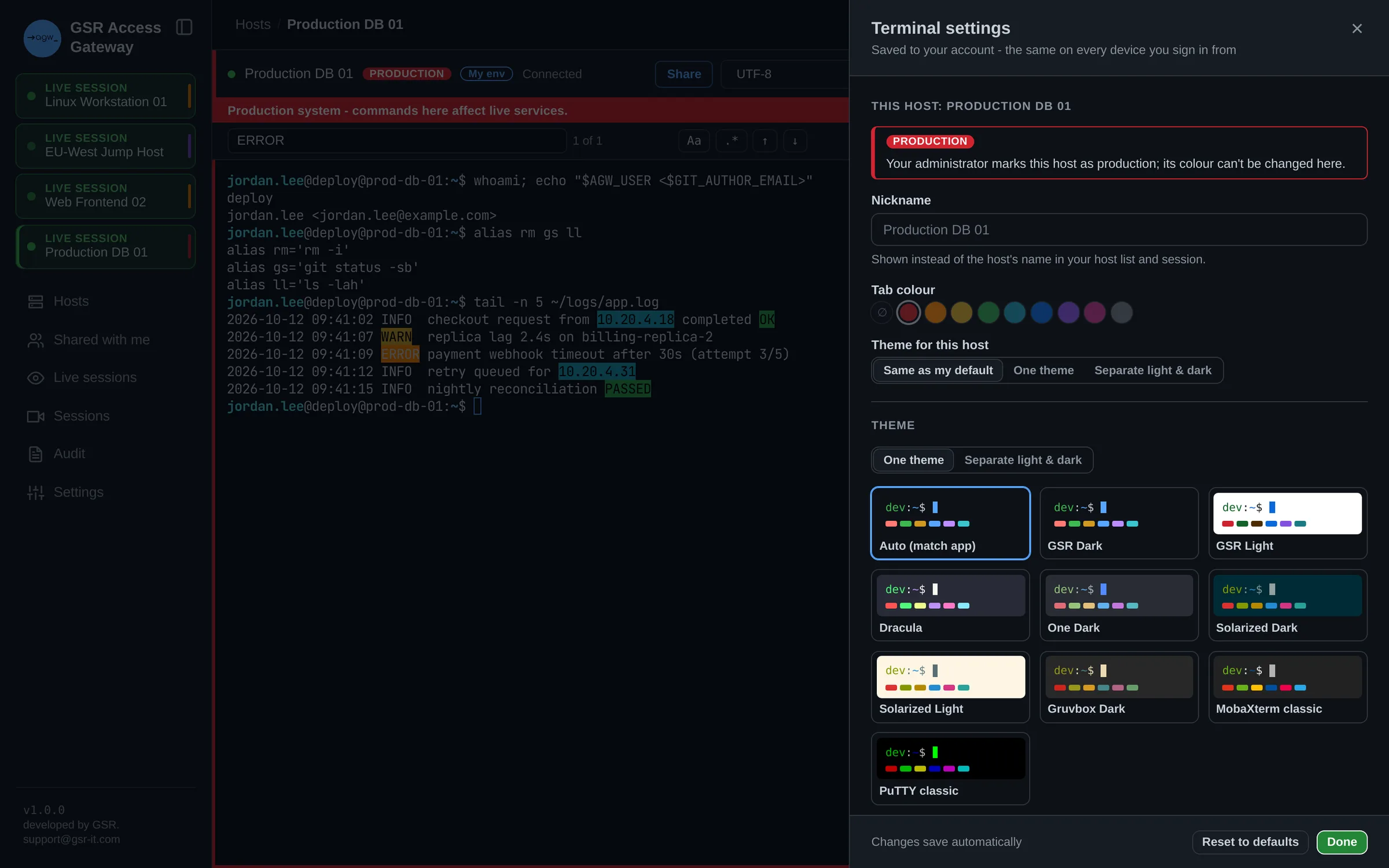 Terminal settings with nickname, tab colour and a gallery of terminal themes