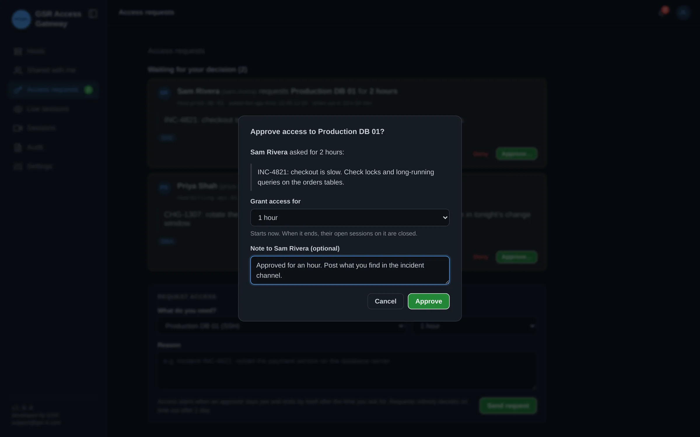 Approver granting one hour instead of the two requested, with a note to the requester