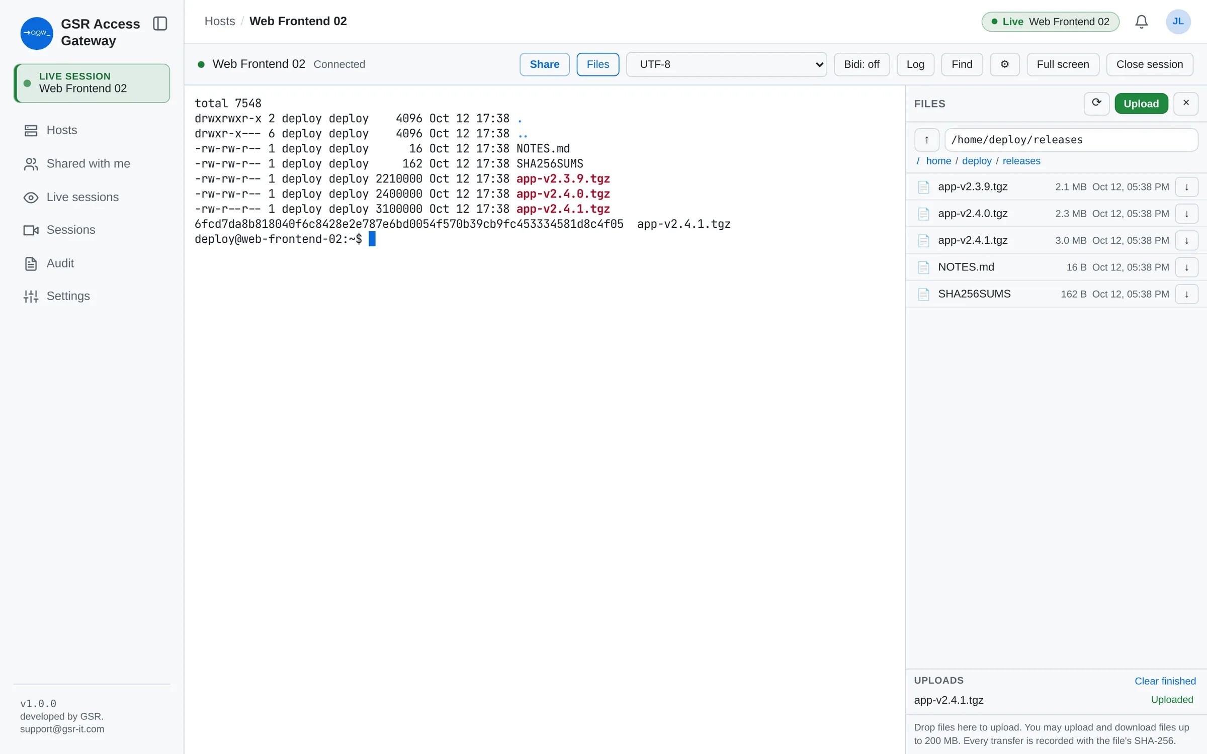 SSH terminal with the Files panel beside it, showing an uploaded release file