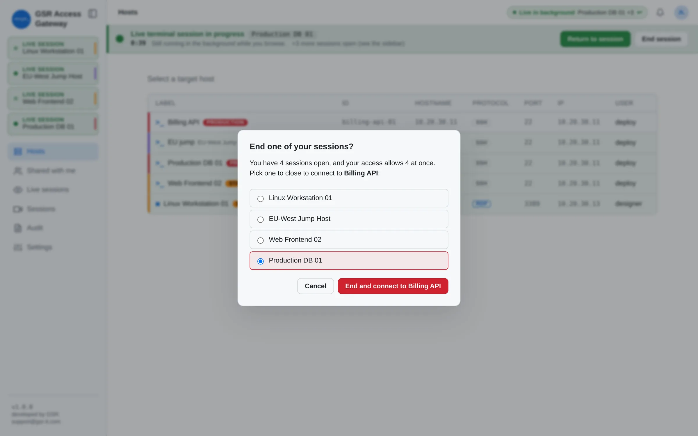 Dialog asking which of four open sessions to end before connecting to another host