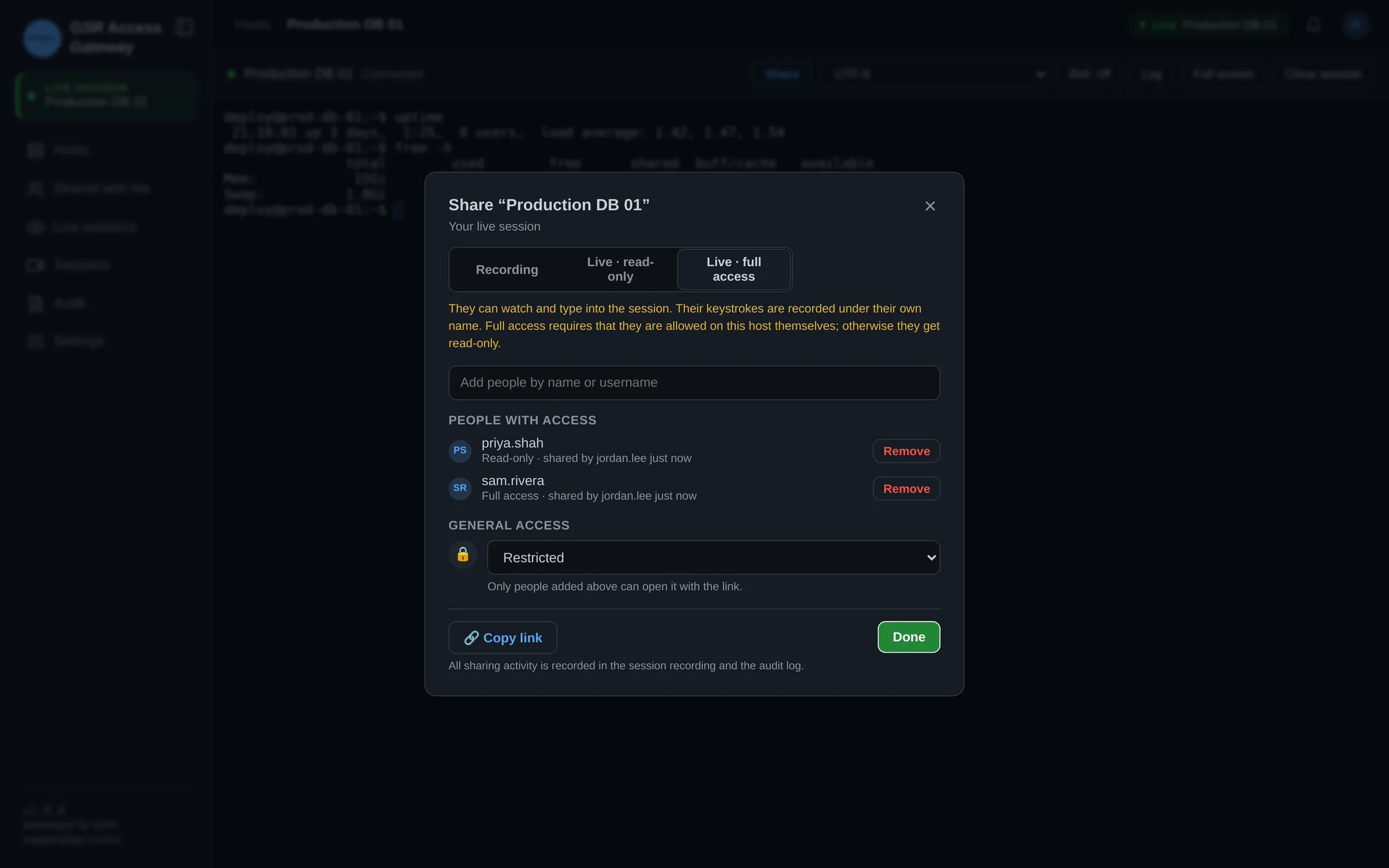 Share dialog with read-only and full-access recipients