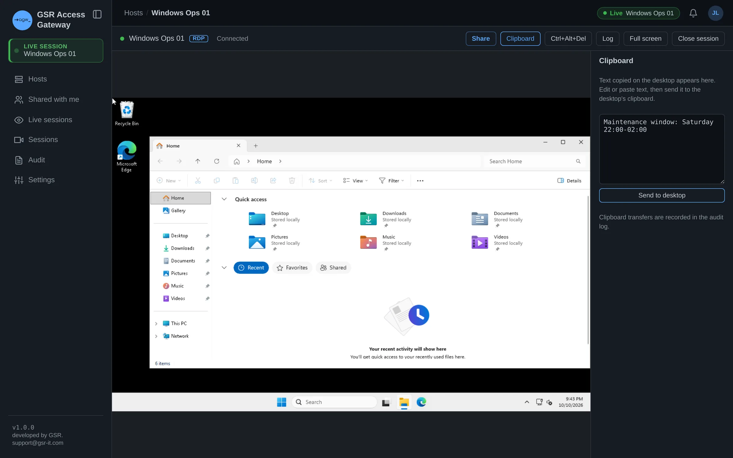 Clipboard panel sending text to the desktop, with audit notice
