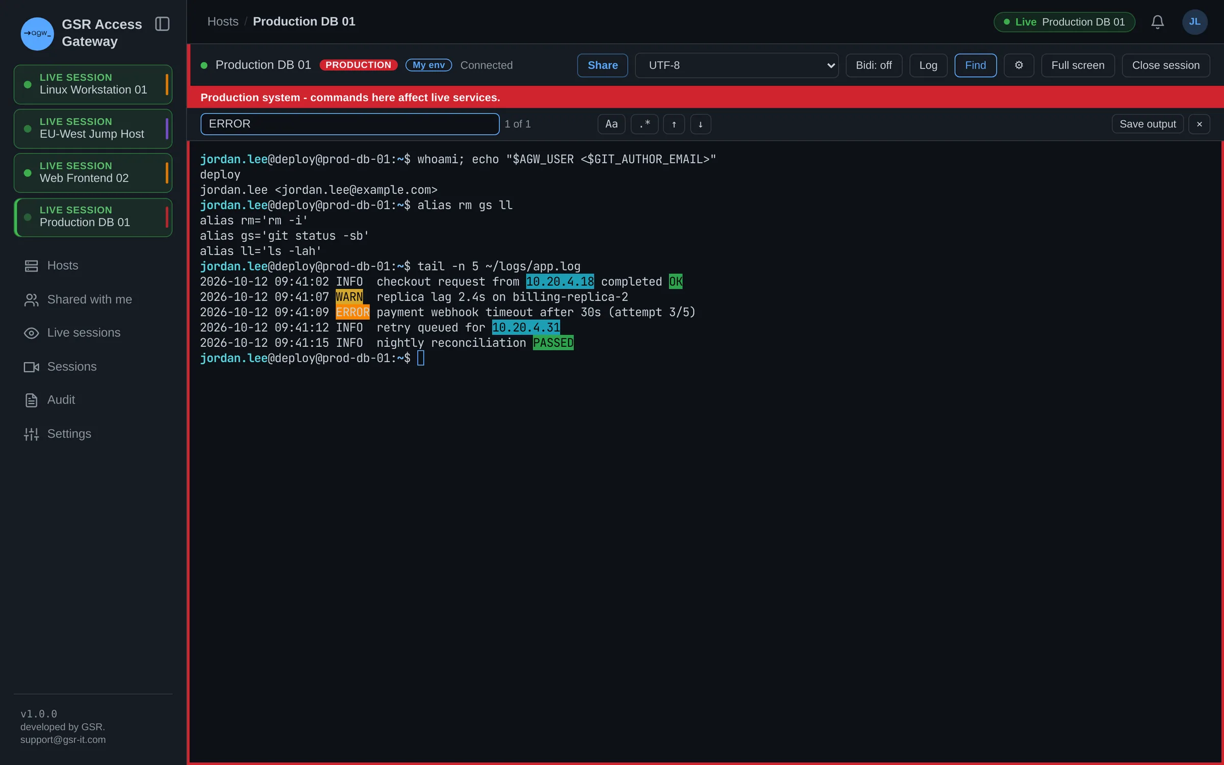 Find bar in the terminal with a highlighted match and a Save output button